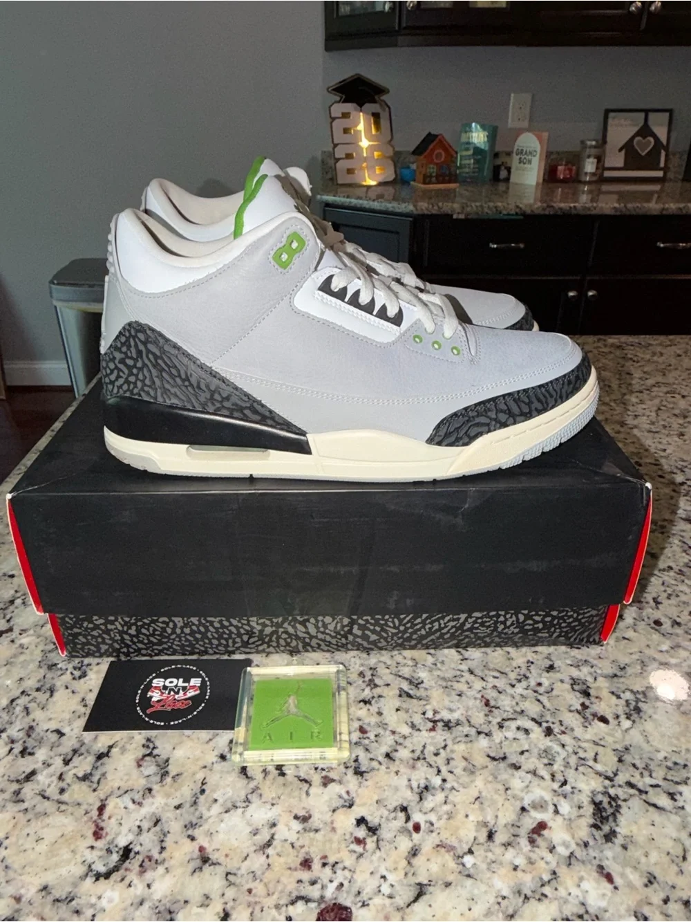 Jordan Retro 3 Sneakers in Light Gray, Black & Green Accents